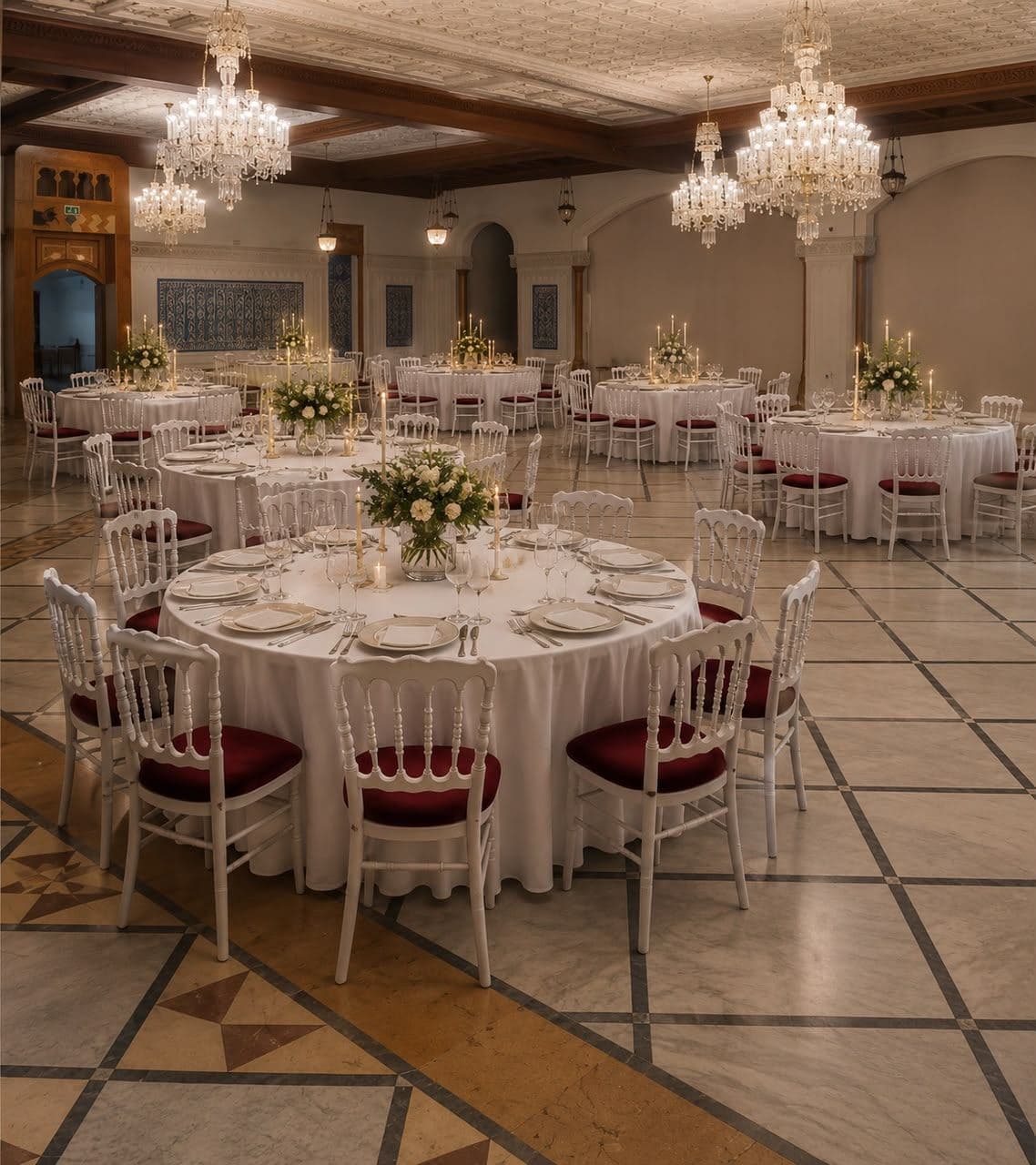 Chandelier-lit hall with white Napoleon chairs and burgundy cushions