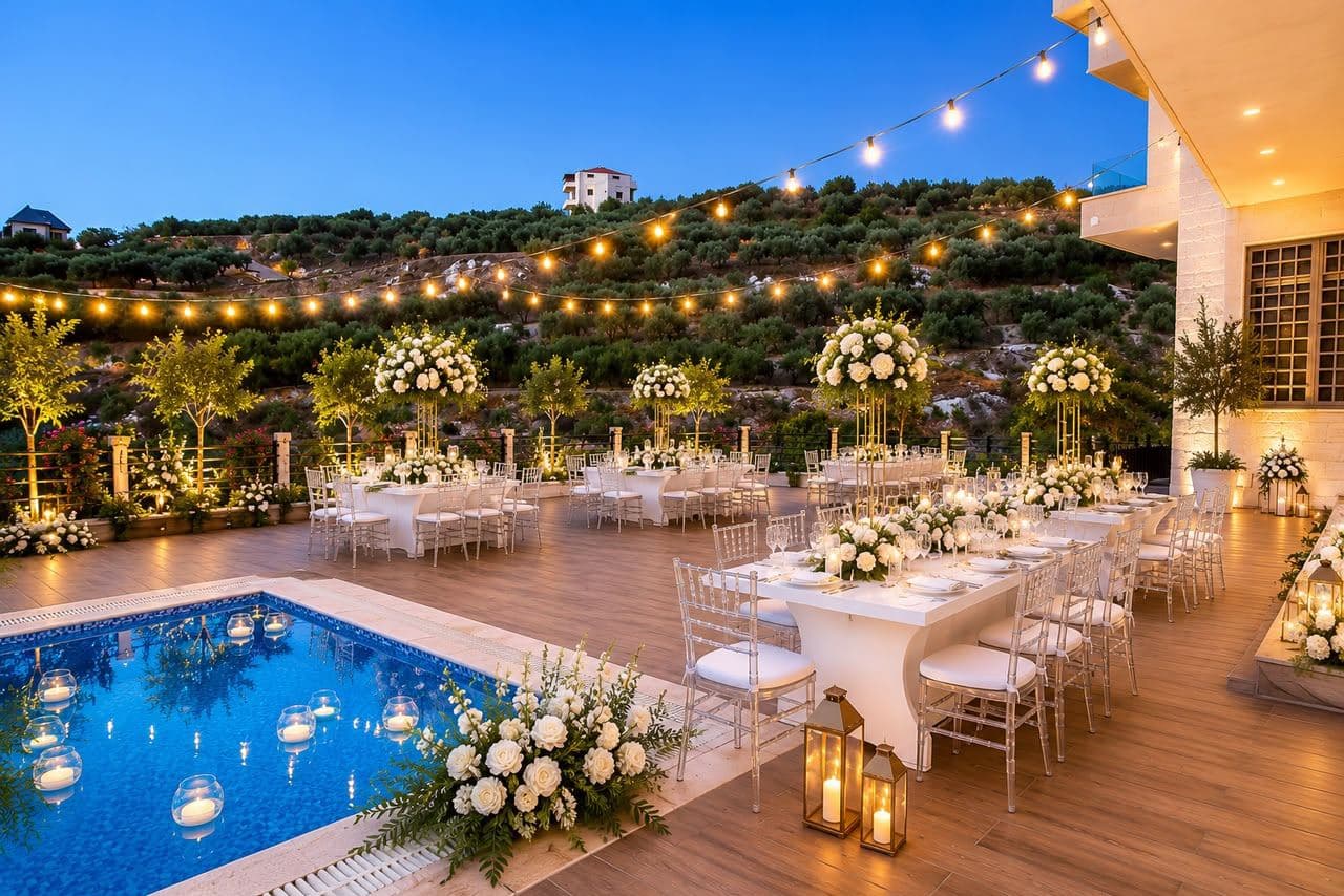Poolside wedding reception at dusk with crystal chairs, white roses and string lights